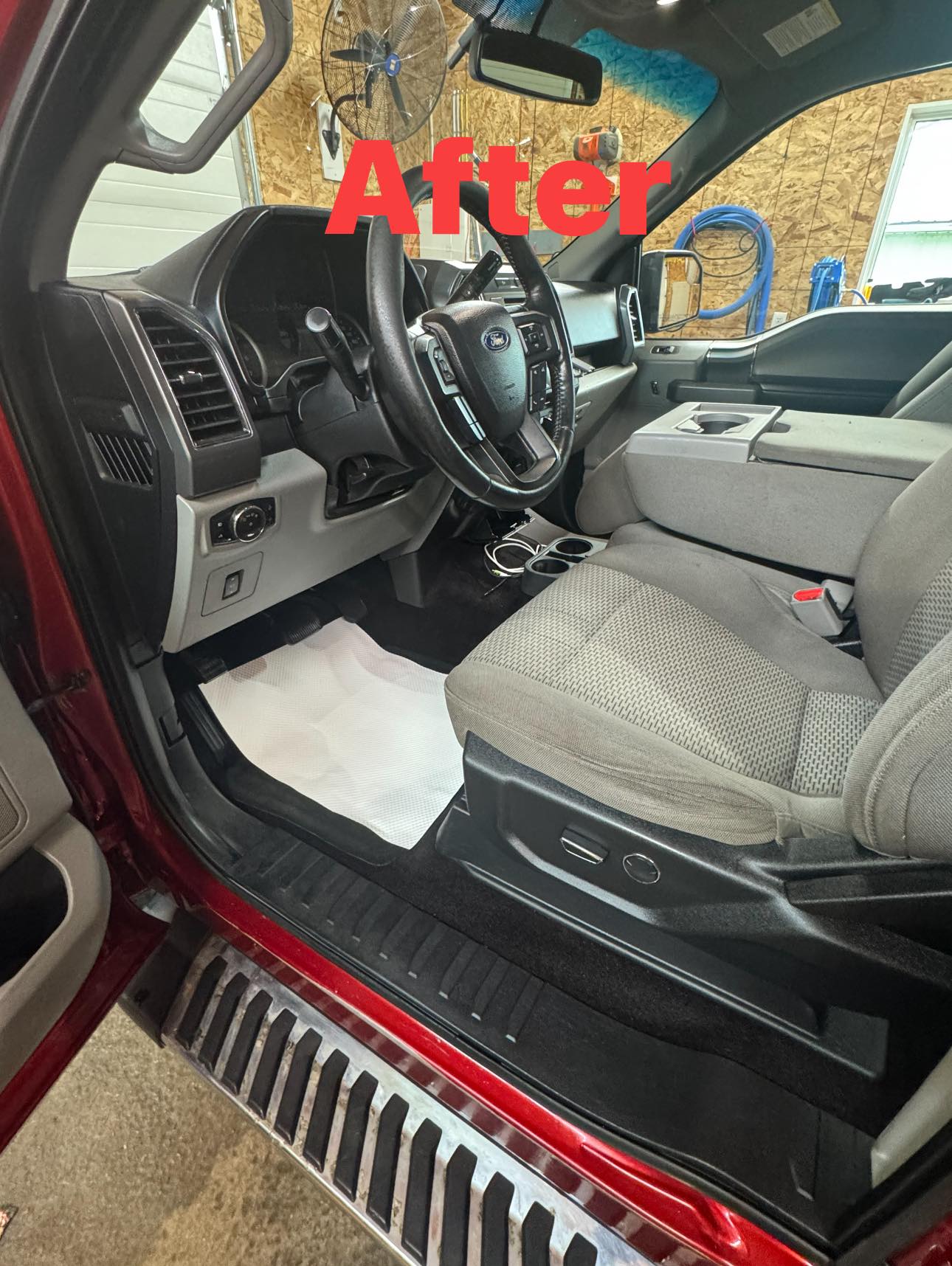 Truck floor and cabin after detailing with a clean footwell and refreshed interior.