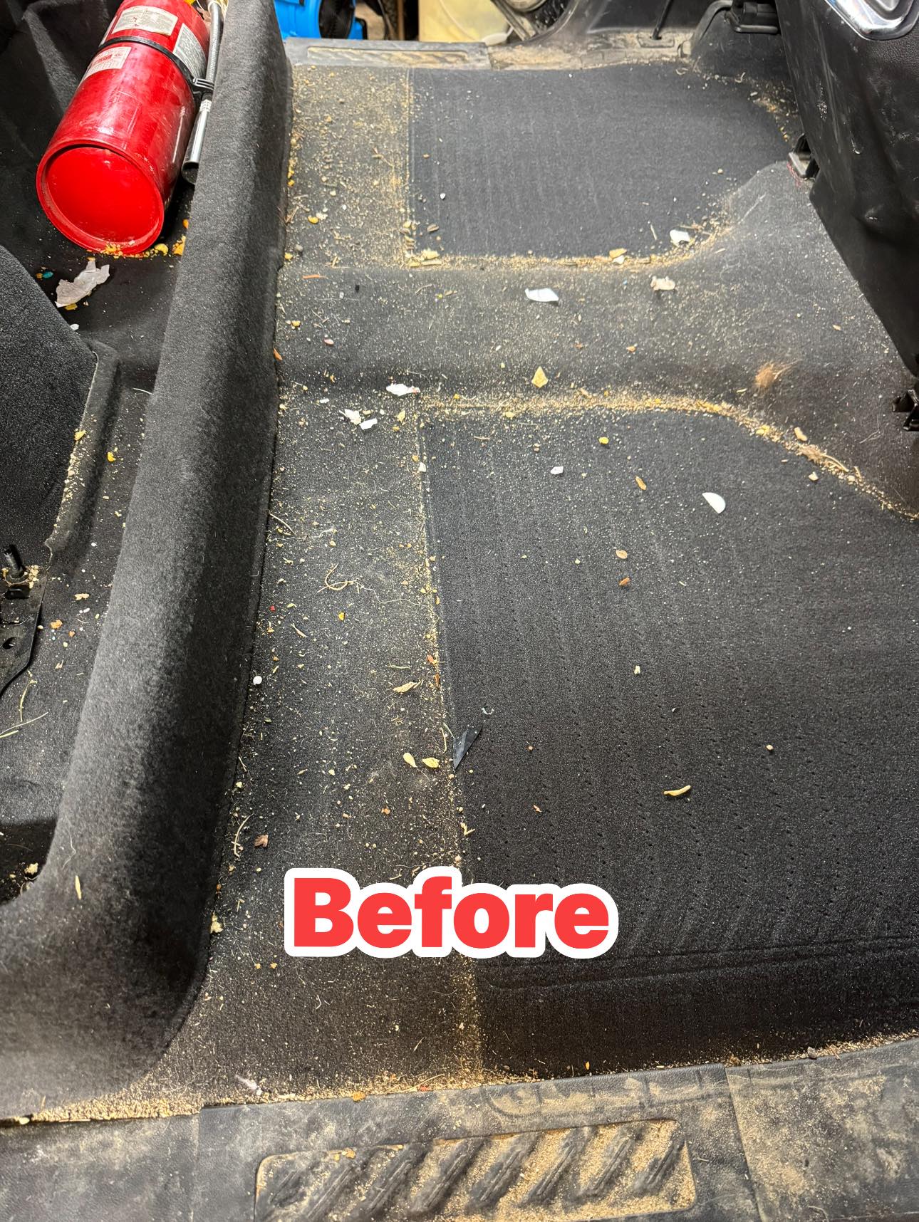 Vehicle carpet before detailing with visible dirt and debris.